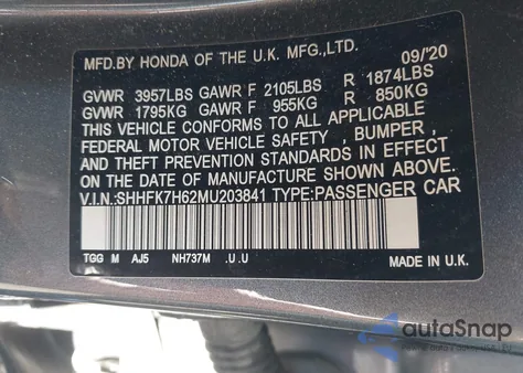 2021 Honda Civic Ex from USA, damaged, VIN SHHFK7H62MU203841